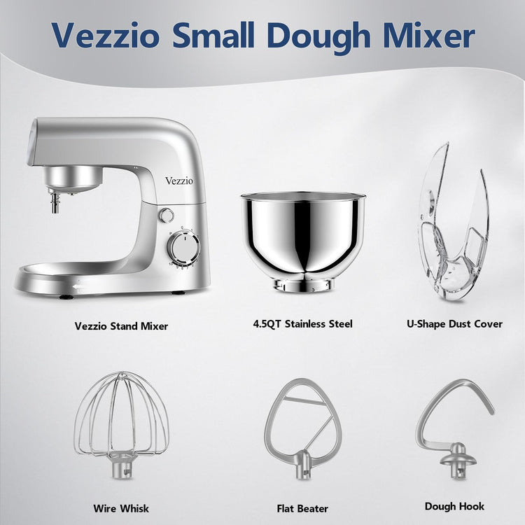 Vezzio Small Stand Mixer,4.5 liters Food Mixers for Baking,1500W 10-Speed Kitchen Cake Mixers,Electric Kitchen Mixers with Small form-factor, Easy to