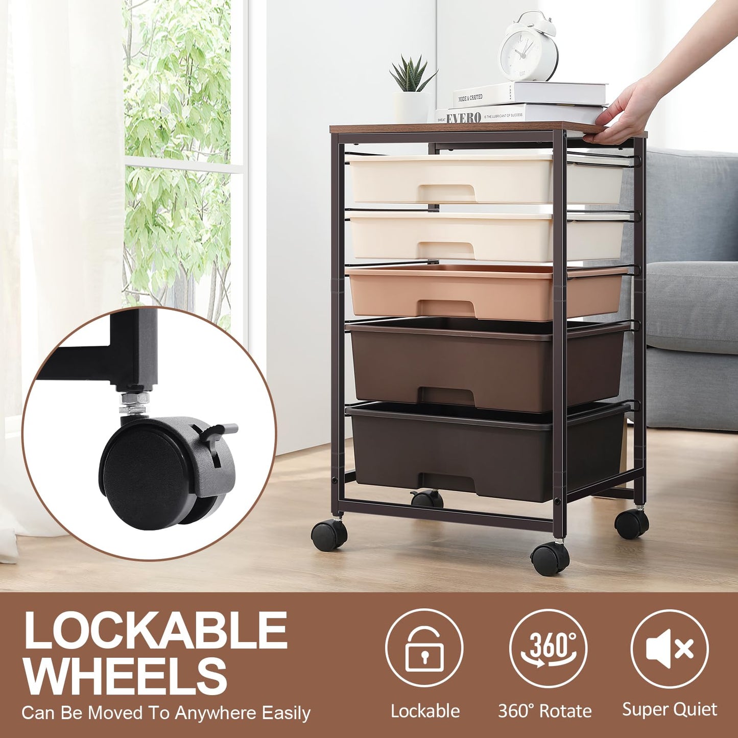 SYKIARIOL Storage Trolley with 5 Plastic Drawers, Rolling Storage Cart on Wheels, Multipurpose Utility Cart Organizer Unit for Living