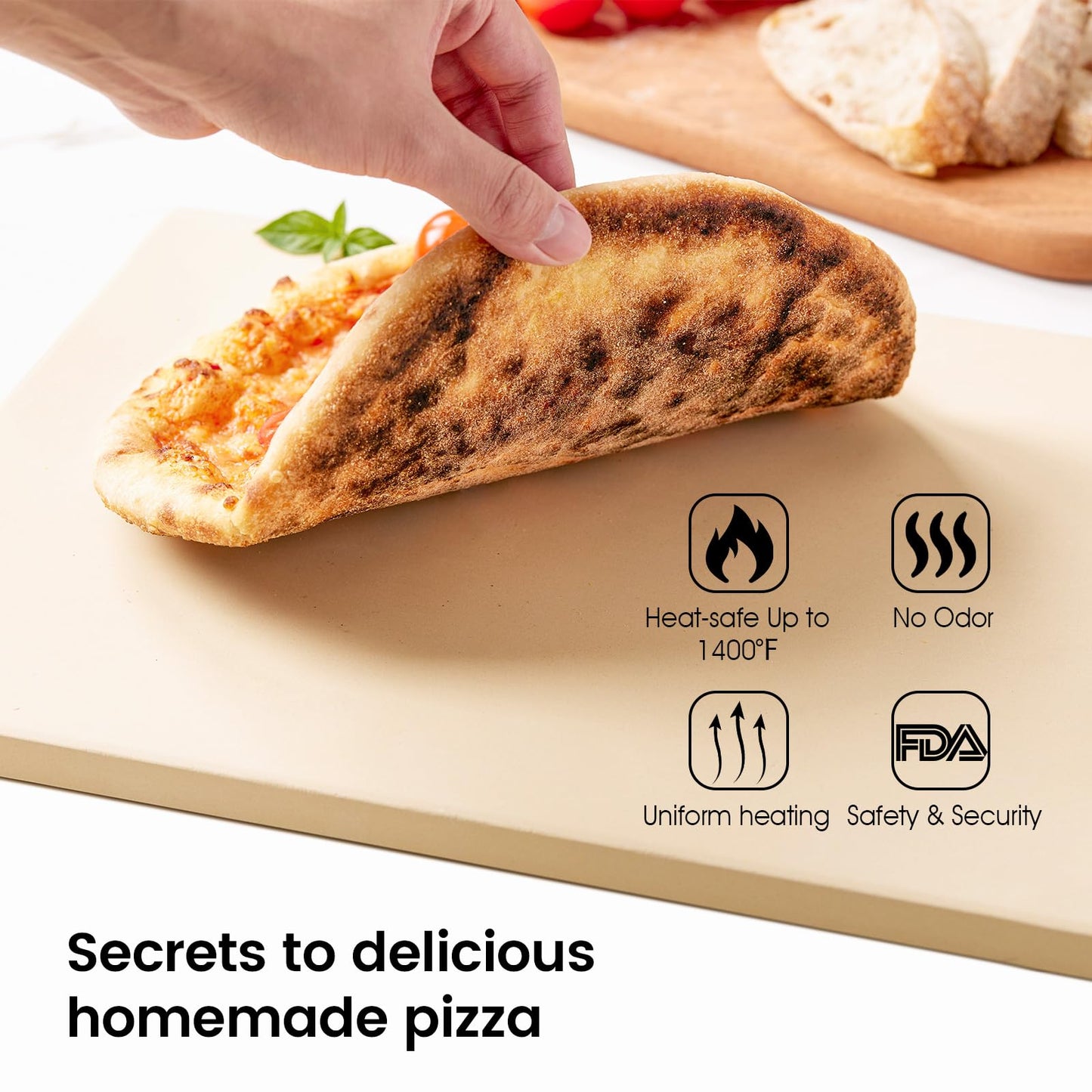 ROCKSHEAT Pizza Stone Set, 30 x 38cm Rectangular Pizza Stone for Oven Grill BBQ with Wooden Pizza Peel & Oven Mitts, Durable Cordierite Baking Stone