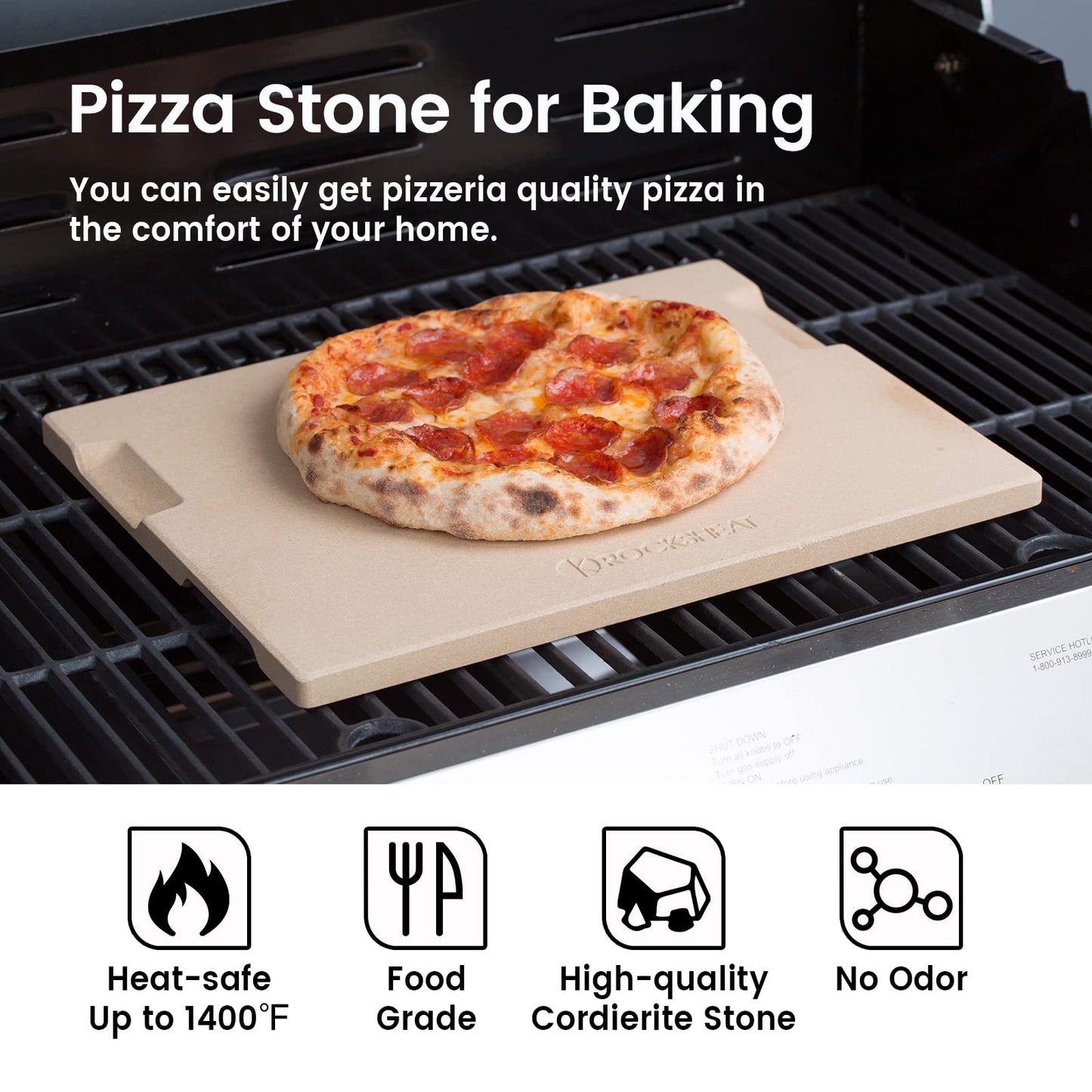 ROCKSHEAT Pizza Stone Bread Baking Stone 30 x 38cm Rectangular Stone for Oven and Grill Innovative Double-Sided Built-in Design with 4 Handles Pizza