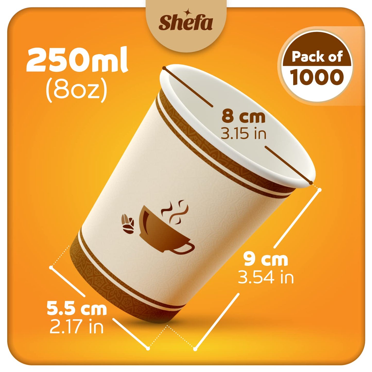 Shefa 1000 Coffee Cups - 8oz Paper Cups for Hot or Cold Drinks, Takeaway Coffee Cups for Coffee Shops - Heat-Resistant Coffee or Tea Cup, BPA-Free