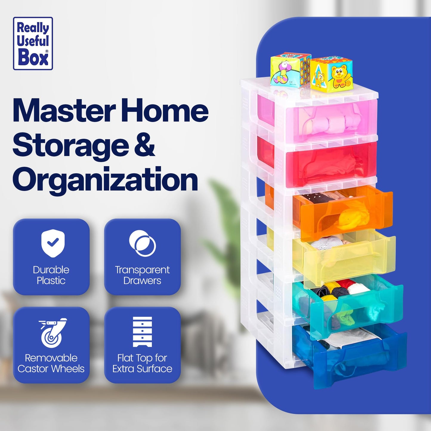 Really Useful Box Plastic Storage Slimline Tower 6x3.5 Litre Clear Frame with Rainbow Drawers