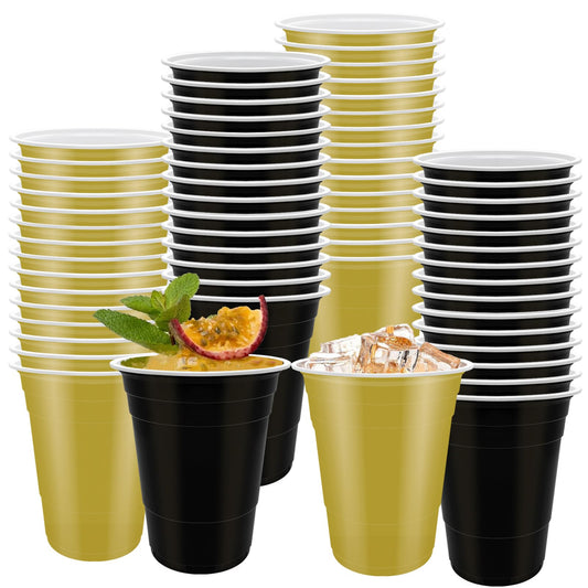 Regaosly 60 Pcs Black and Gold Plastic Cups- 16 oz Reusable Plastic Party Cup Sturdy Colored for Drinking Wedding Birthday Party Christmas
