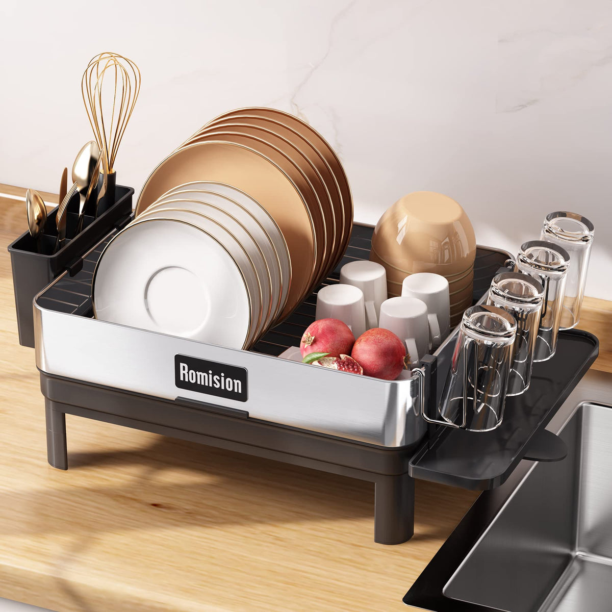 romision Dish Drainer Rack with Drip Tray, 304 Stainless Steel Large Dish Drying Rack for Kitchen Sink of Big Family, Plate Draining Board Rack with