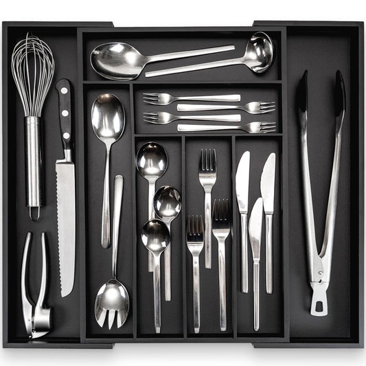 budu Cutlery Tray #45 Depth 45 cm Made of Bamboo - Black - Drawer Organiser System for the Kitchen - Cutlery Tray for Bamboo Drawers - Extendable