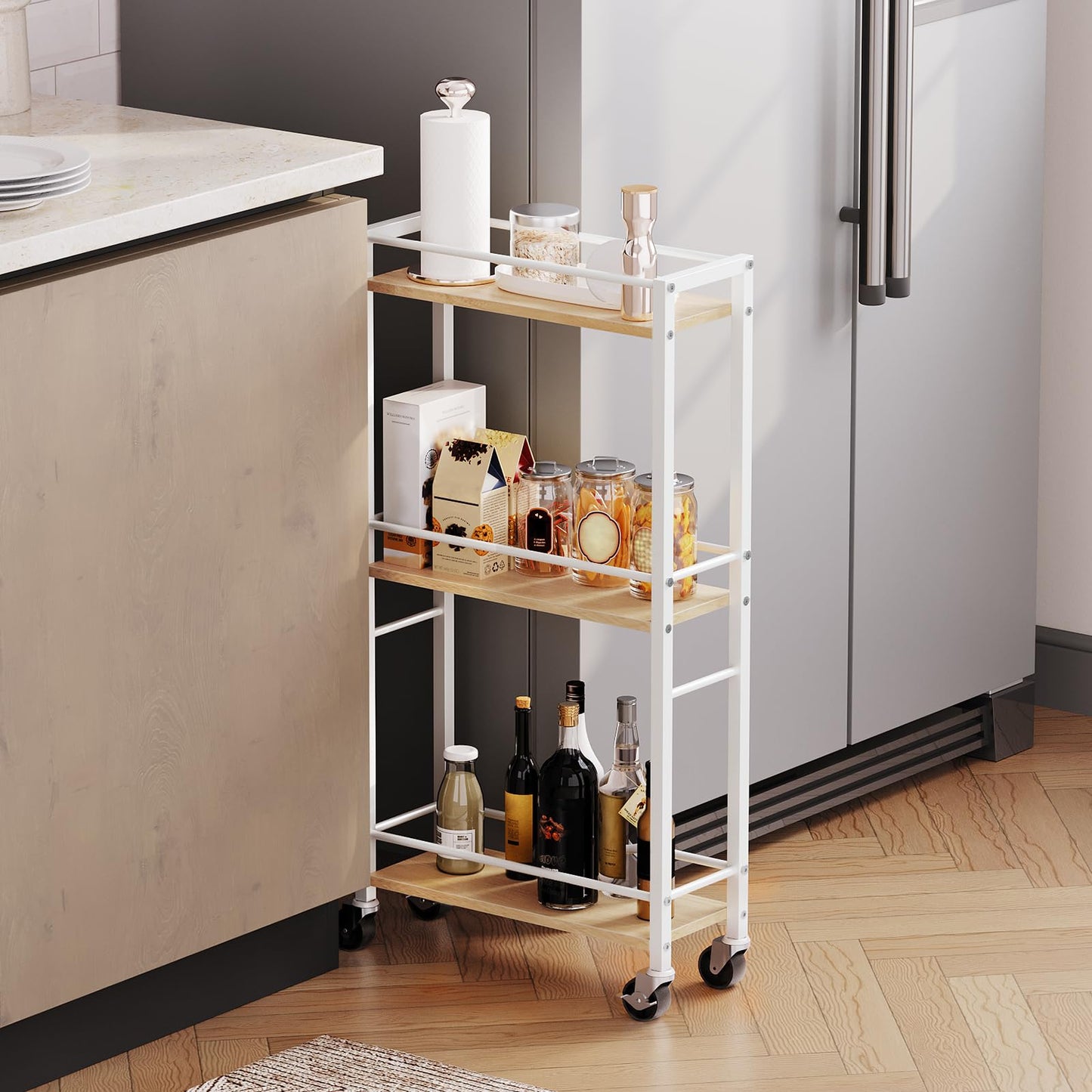 MAHANCRIS 3-Tier Slim Rolling Cart, Mobile Utility Cart on Wheels, Narrow Shelving Unit for Small Space, Wooden Kitchen Storage Rack, for Bathroom,