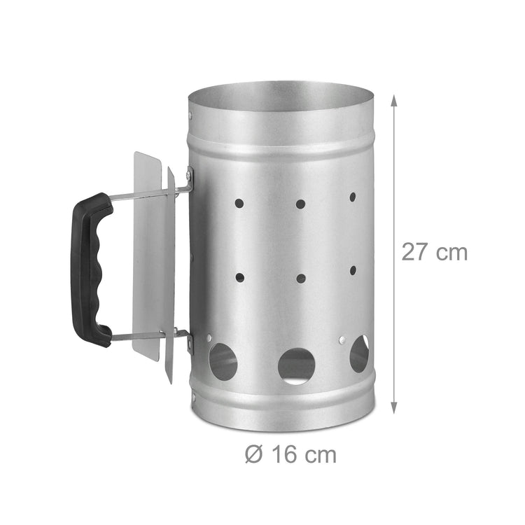 Relaxdays Charcoal Chimney Starter, Steel, BBQ Lighter, Stove, Grill, H x Dia: 27 x 16 cm, Grill Ignition, Silver