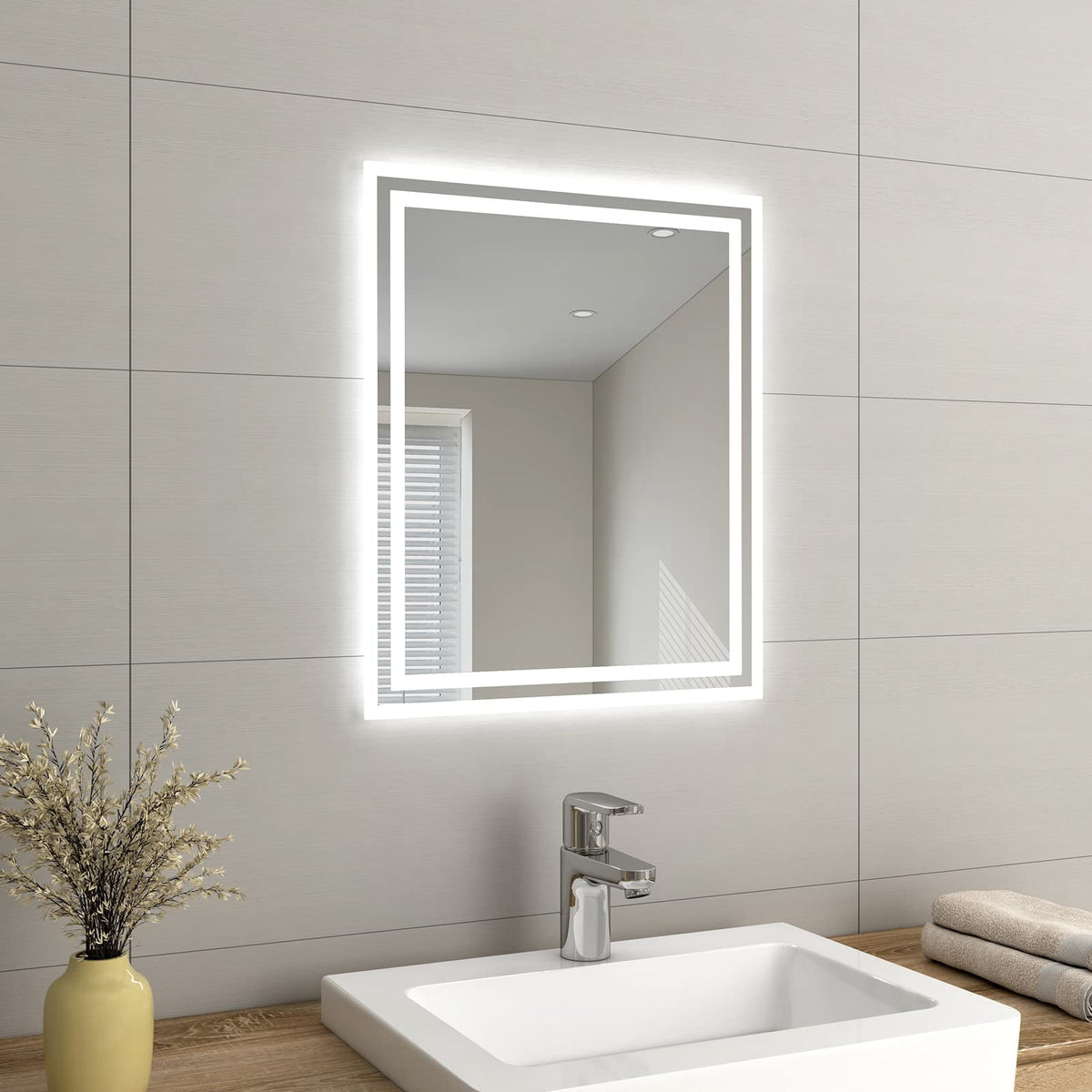 EMKE LED Small Bathroom Mirror 50x60cm, Wall Mounted Bathroom/Bedroom Vanity Mirror with LED Lights | Demister Pad, Easy Control Smart Mirror