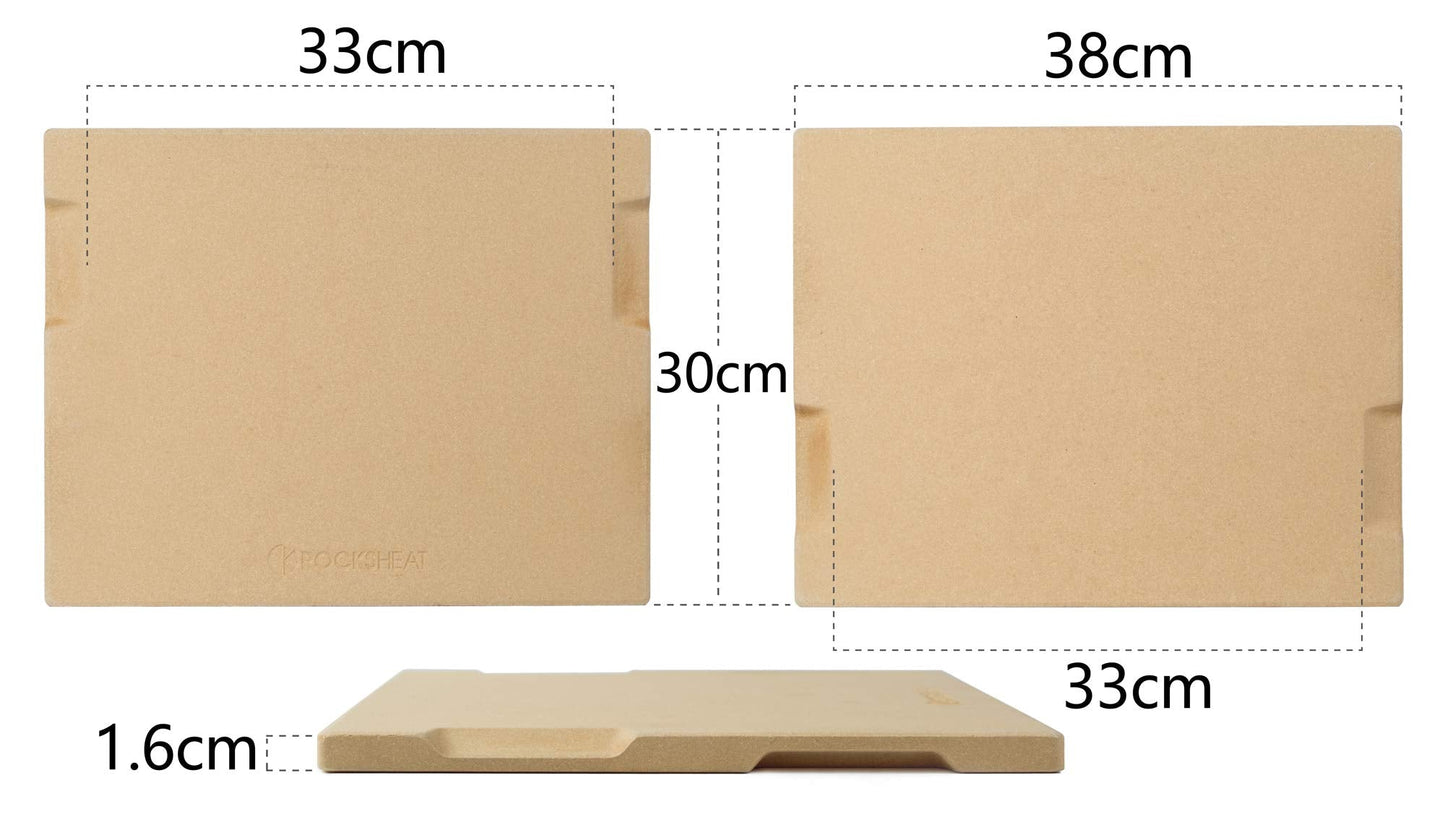 ROCKSHEAT Pizza Stone Bread Baking Stone 30 x 38cm Rectangular Stone for Oven and Grill Innovative Double-Sided Built-in Design with 4 Handles Pizza