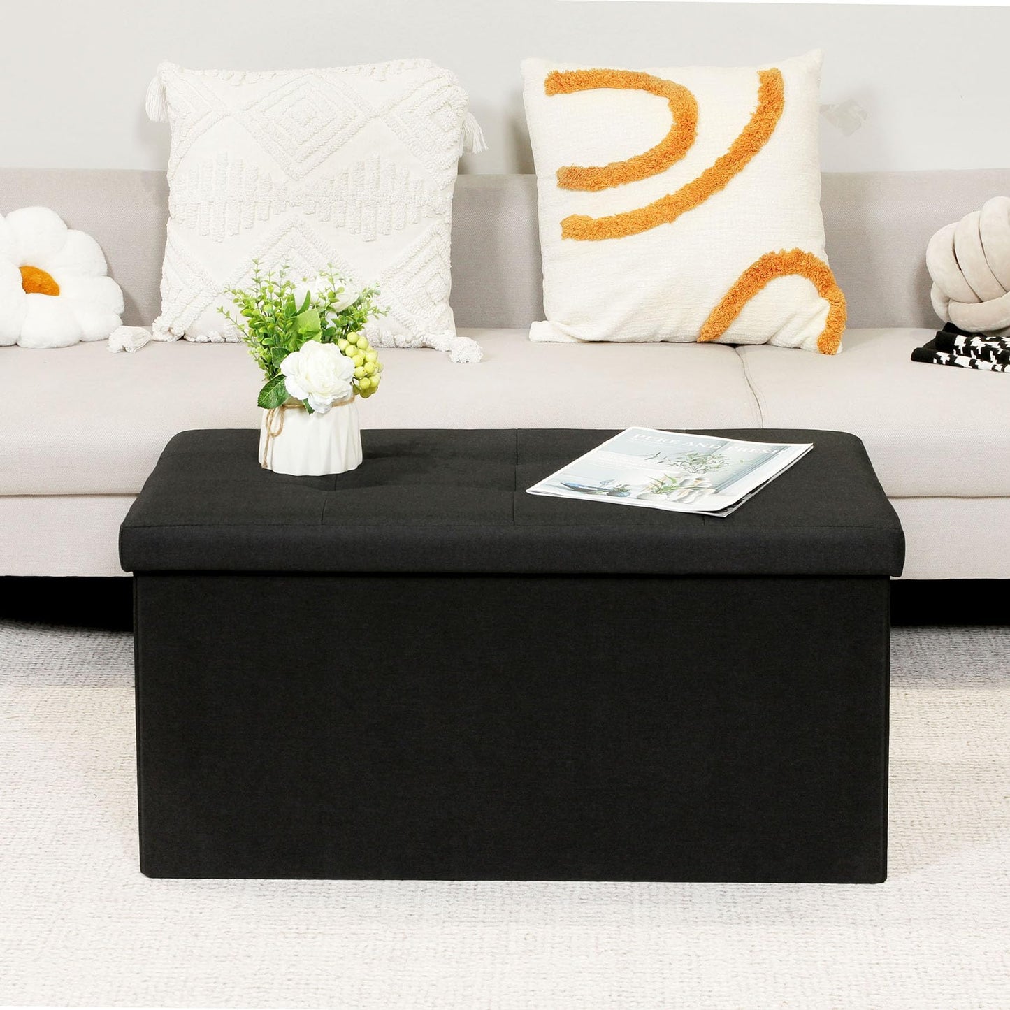 Bonlife Large Folding Balck Ottoman Storage Box with Lid,Linen Footrest Stool Bedroom Bench Seats,Toy Box Chest Living Room Furniture 76x38x38cm