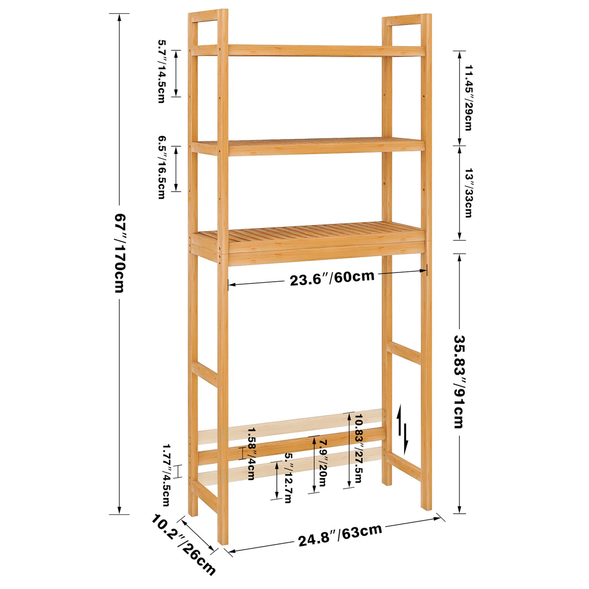 SMIBUY Bathroom Storage Shelf, Bamboo Over-The-Toilet Organizer Rack, Freestanding Toilet Space Saver with 3-Tier Adjustable Shelves (Natural)