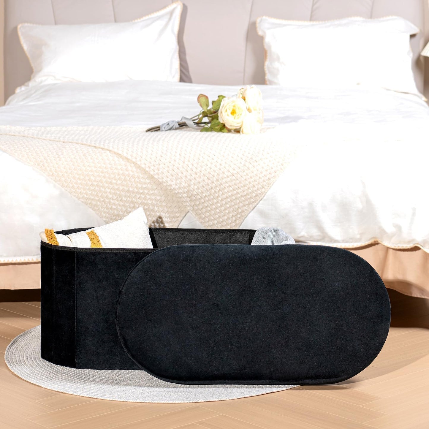 Bonlife Black Velvet Ottoman Storage Bench with Seat,Foldable Stool Living Room Furniture,Oval Large Toy Box Storage Chest with Lid,76x38x38cm
