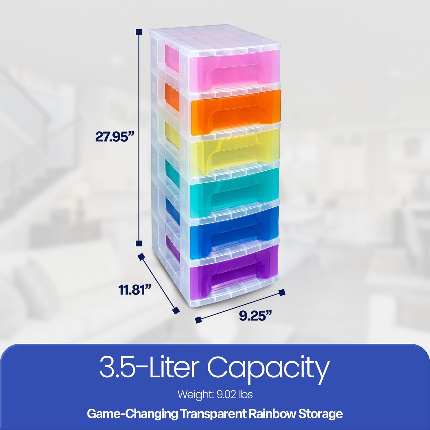 Really Useful Box Plastic Storage Slimline Tower 6x3.5 Litre Clear Frame with Rainbow Drawers