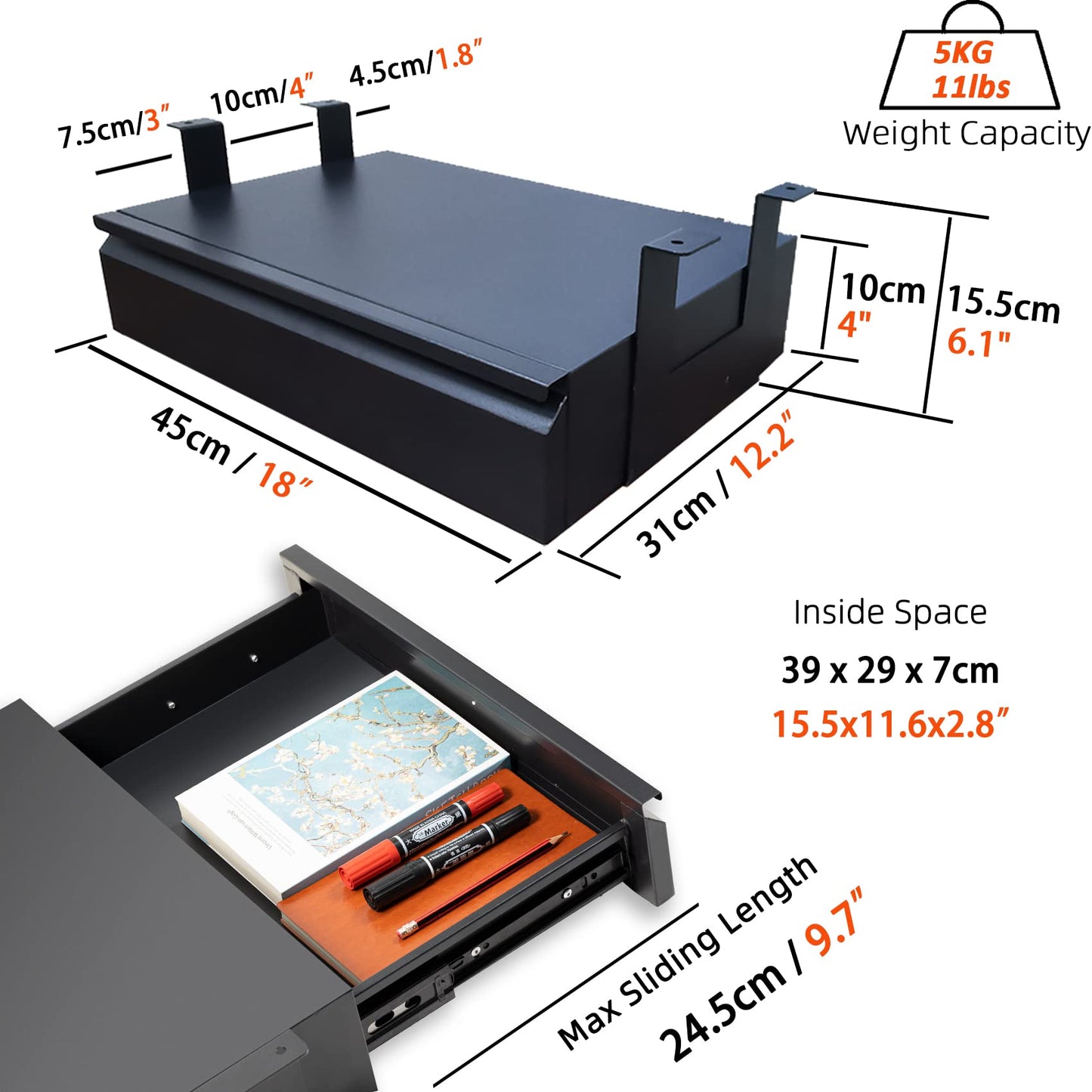 OSteed Large Under Desk Drawer Metal Black, Pull-out Storage Organizer, Under Shelf Storage Drawer, Desk Extender with Tall Brackets Mount Under Table