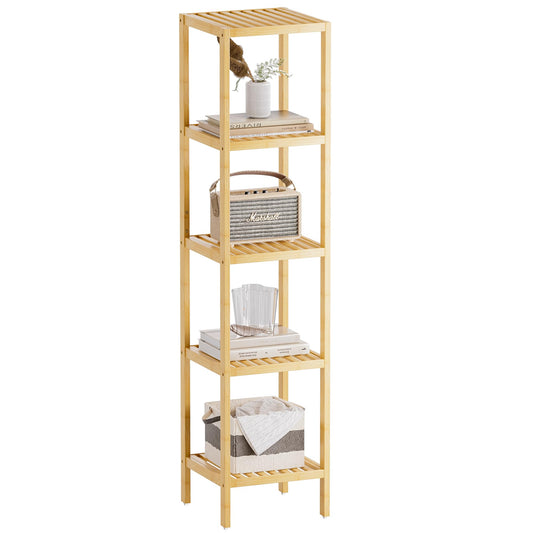 SMIBUY Bathroom Storage Shelf, 5-Tier Bamboo Rack Organizer, Multifunctional Shelving Unit for Living Room Bedroom Kitchen Natural