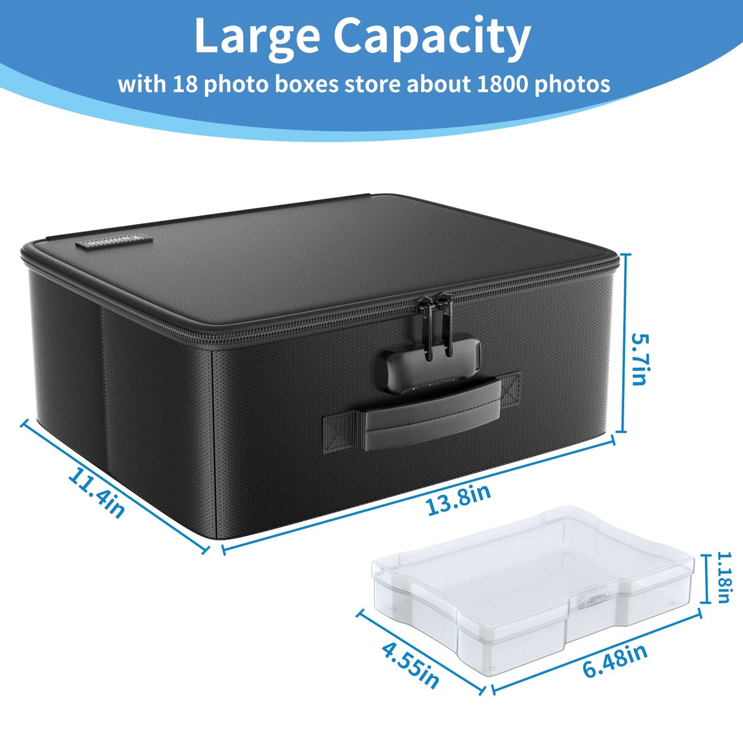 Tamfile Fireproof Photo Storage Box 4" x 6" with 18 Inner Clear Photo Case, Plastic Photo Organiser with Lock for Pictures, Cards, Crafts, Seed,