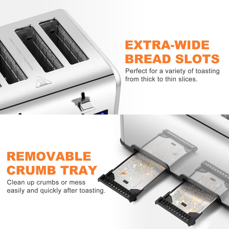 Toaster 4 Slices, Cusimax Stainless Steel Toaster with Ultra-Clear LED Display & 4 Extra-Wide Slots, Defrost/Reheat/Cancel Function, 6 Browning