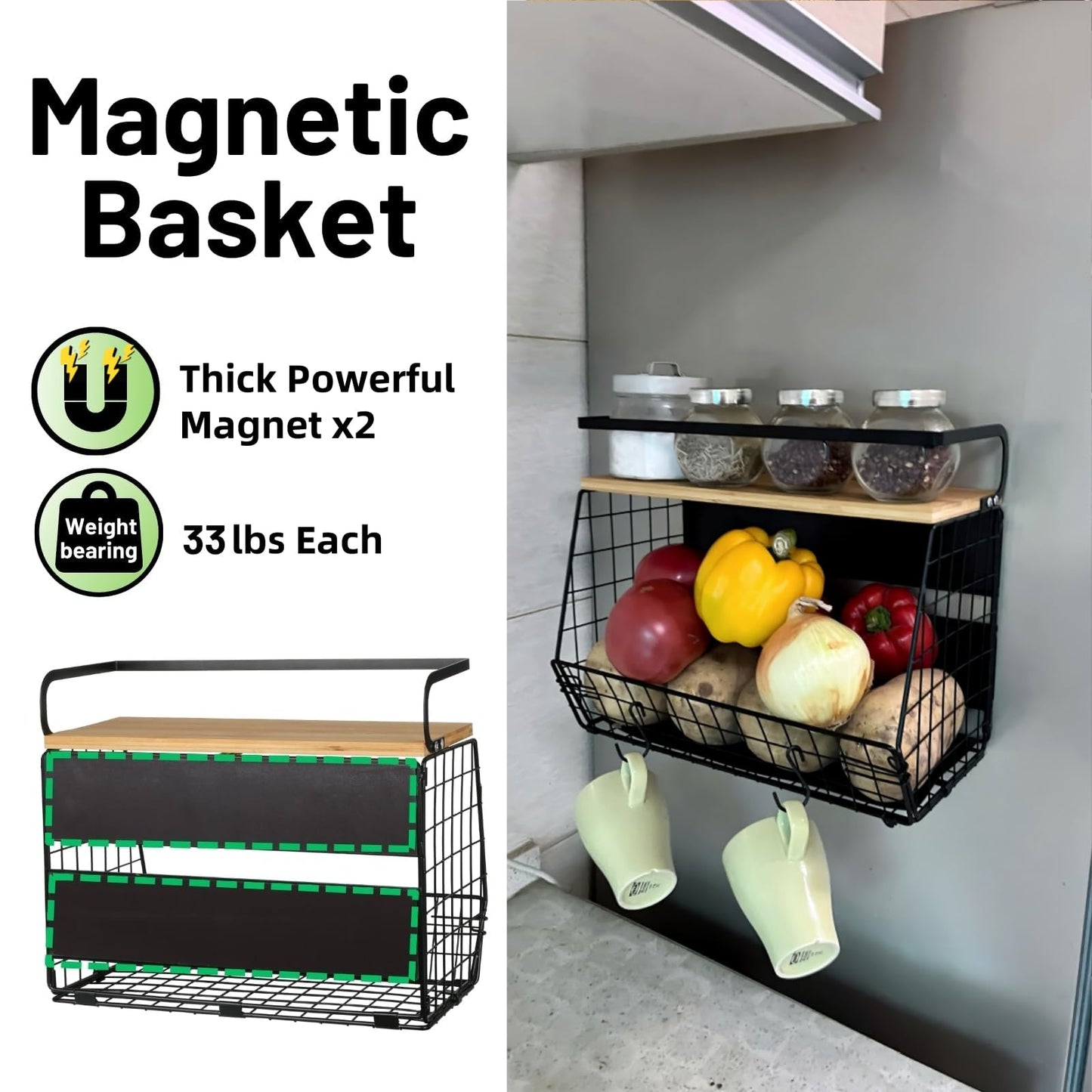 OMISHINE 2 Set Magnetic Shelf, Fruit Baskets for Kitchens, Spice Rack Fruit Bowls 2 in 1 Onions and Potatoes Storage, Vegetable Organiser, Magnetic