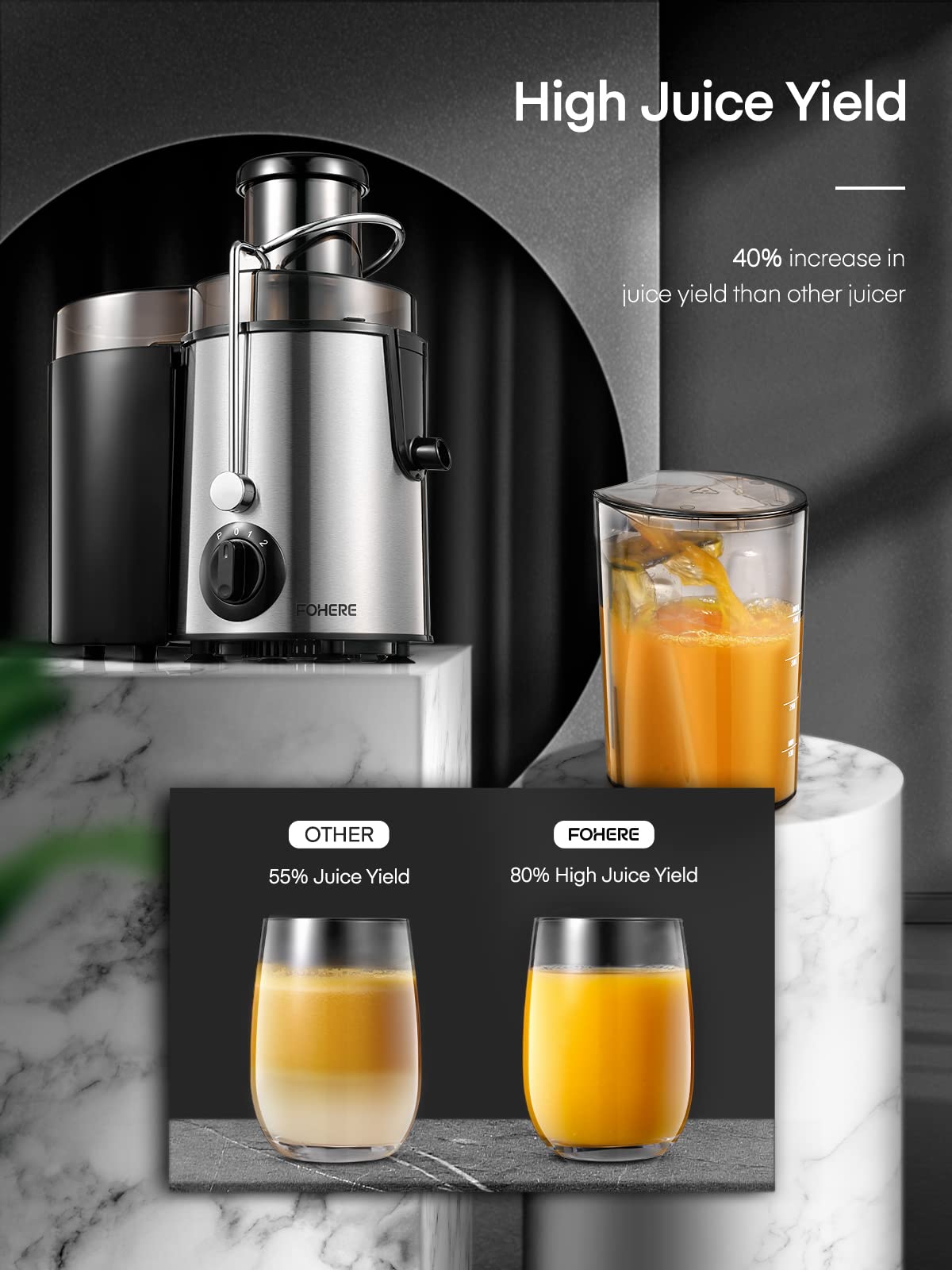 Juicer Machines, FOHERE Centrifugal Juicer Extractor Max Power 800W,Large 3 Feed Chute for Whole Fruit and Vegetables,3 Speed Control, 400w