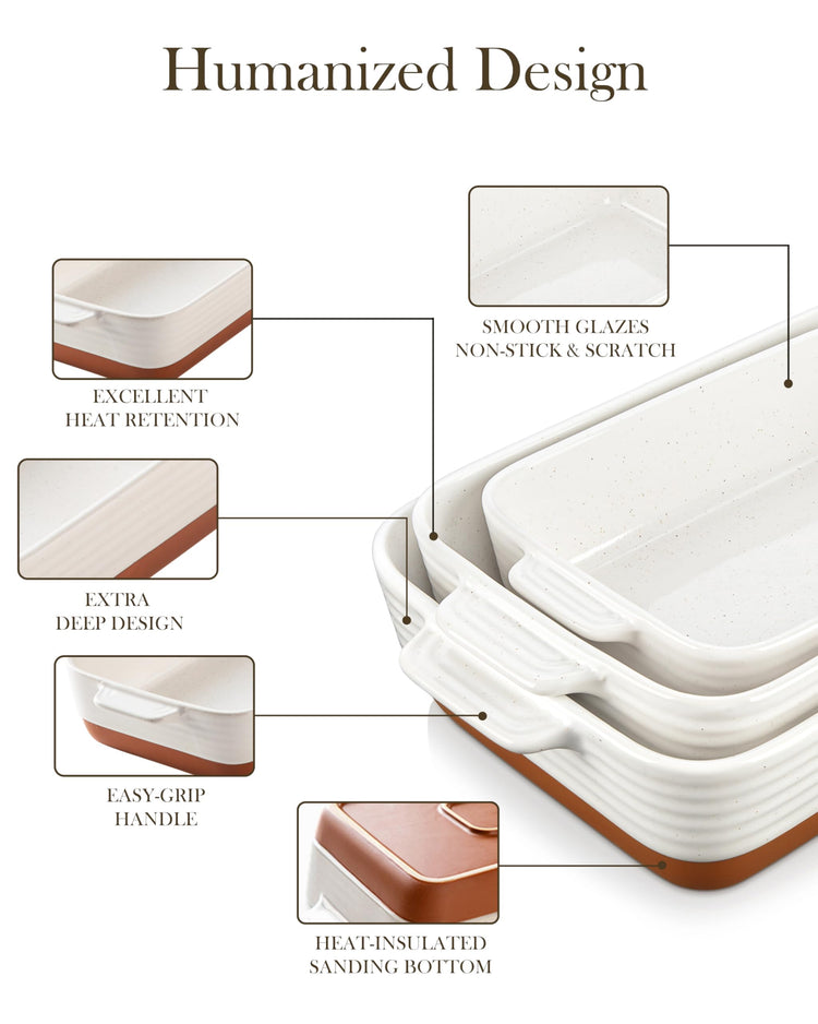 MALACASA Casserole Dishes for Oven, Ceramic Baking Dishes Set of 3, 1.45/2.7/3.8L Rectangular Baking Pan Set, Deep Lasagna Pan with Handles, Khaki