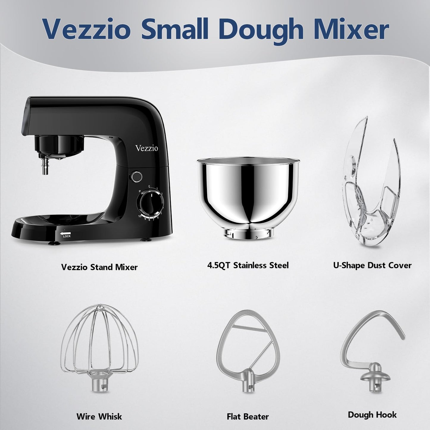 Vezzio Small Stand Mixer,4.5 liters Food Mixers for Baking,1500W 10-Speed Kitchen Cake Mixers,Electric Kitchen Mixers with Small form-factor, Easy to