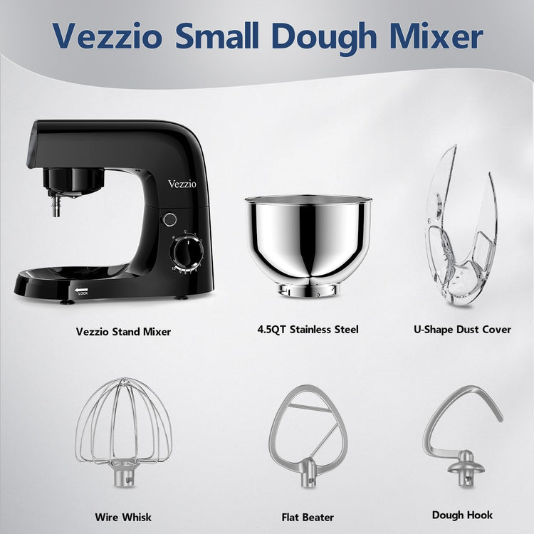 Vezzio Small Stand Mixer,4.5 liters Food Mixers for Baking,1500W 10-Speed Kitchen Cake Mixers,Electric Kitchen Mixers with Small form-factor, Easy to