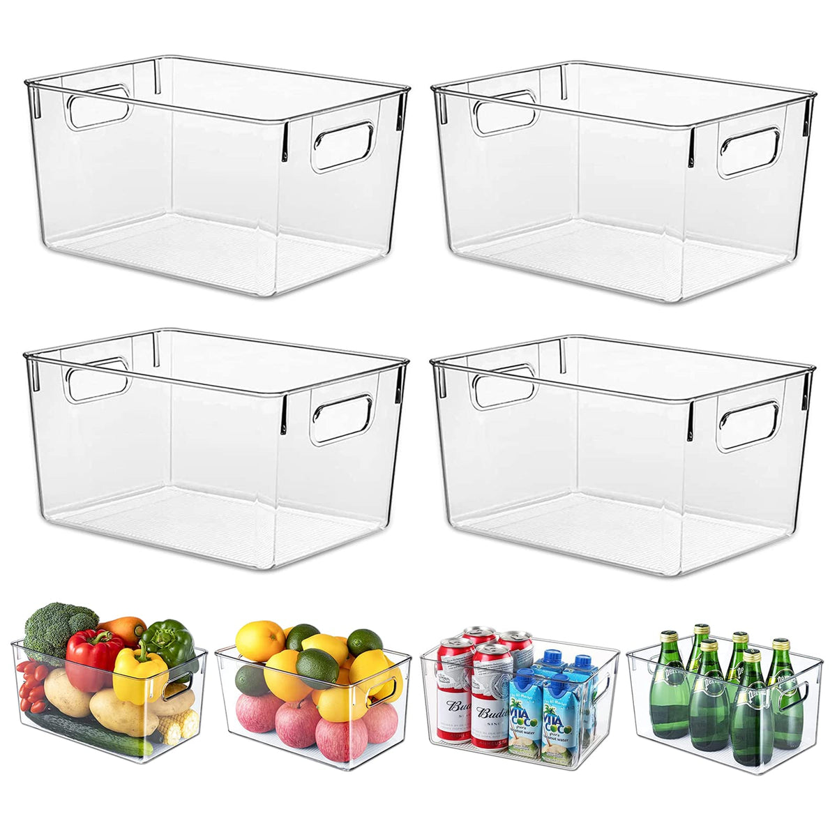 HPYLIFH Fridge Organiser with Handles, 4 Pack Clear Pantry Organizer Bins, Food Storage Basket for Kitchen, Countertops, Cabinets, Refrigerator,