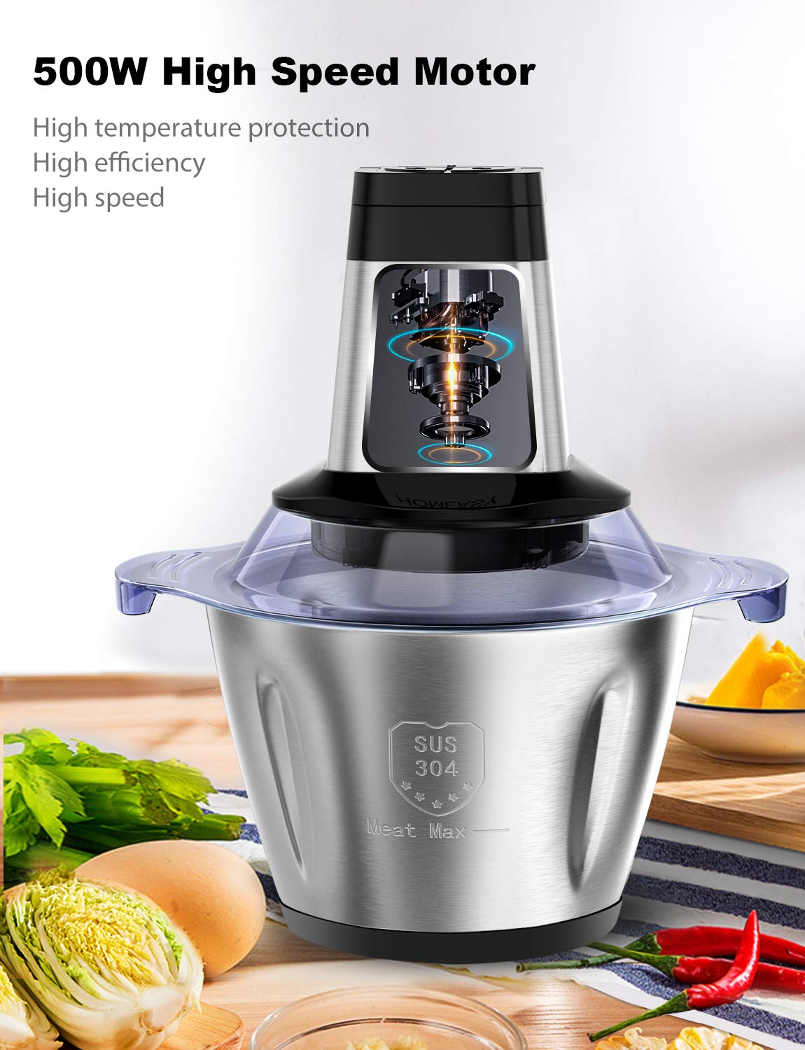 Homeasy Food Processor, Meat Grinder 2.5L Meat Blenders Food Chopper for Meat, Vegetables, Fruits and Nuts, Food Grinder Stainless Steel Bowl 500W 3