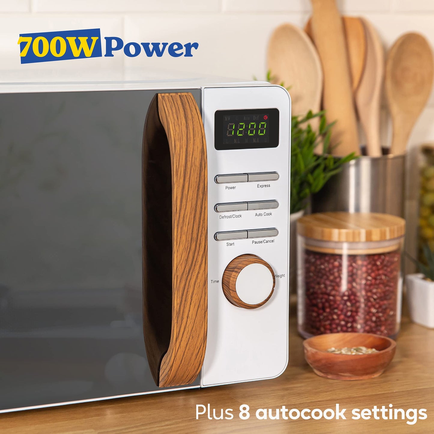 Russell Hobbs RHMD714 17 L 700 W Scandi White Digital Microwave with 5 Power Levels, Wood Effect Handle & Dials, Clock & Timer, Automatic Defrost,