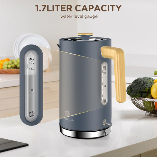 London Boutique Electric Kettle, Stainless Steel kettles Electric, Cordless Fast Boil Electric kettle with Wood Effect, Boil Dry Protection, Anti-Scale Filter, UK Strix Controller,3KW