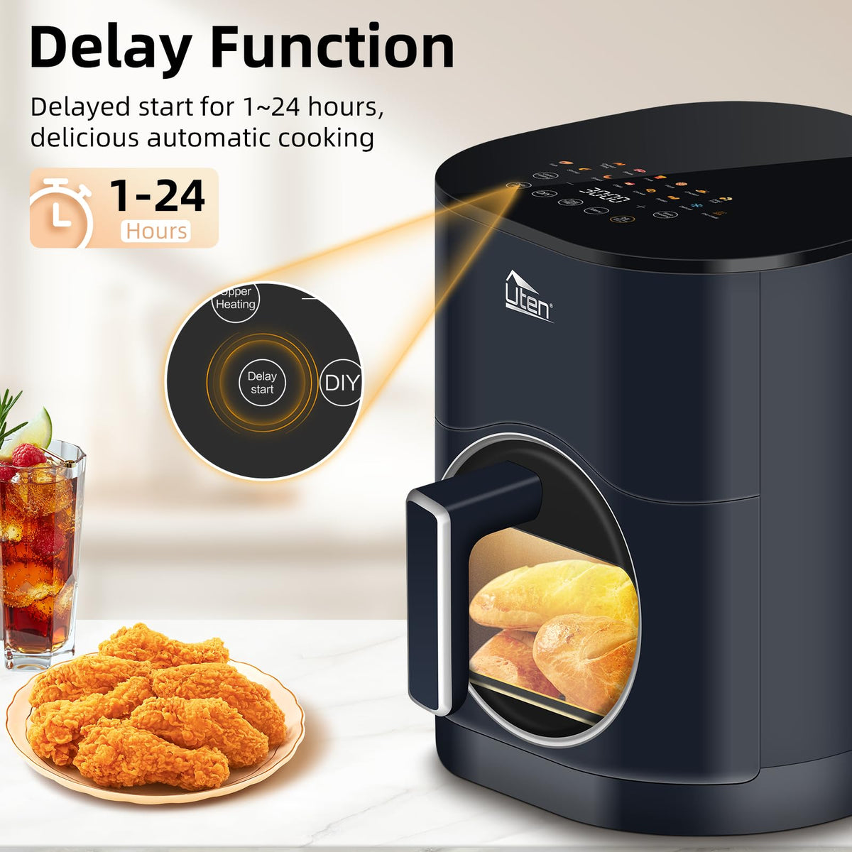 Uten Dual Blaze Air Fryer 5.5L Visual Window, Color Screen, 14 Pre Menus, Delayed Start, Stainless Oil Net, 2 Fast Heaters Independently Controllable,