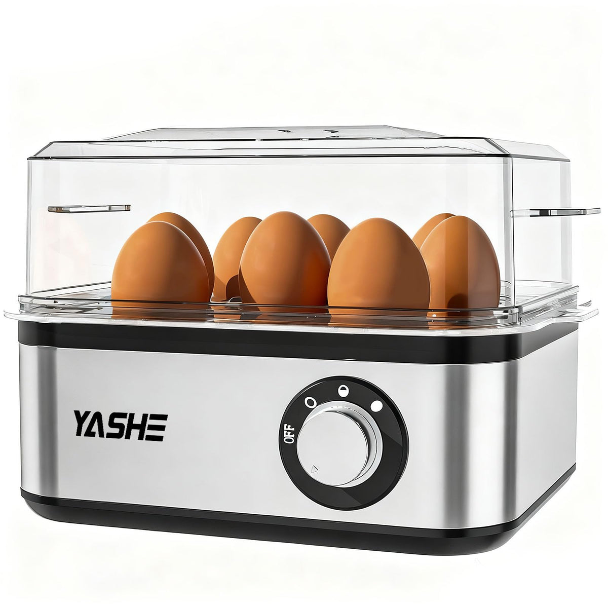 YASHE Rapid Egg Cooker, 8 Egg Capacity Stainless Steel Boiler Egg Maker for Soft, Medium, Hard Boiled Eggs, Poached with Auto Shut-Off & Buzzer,