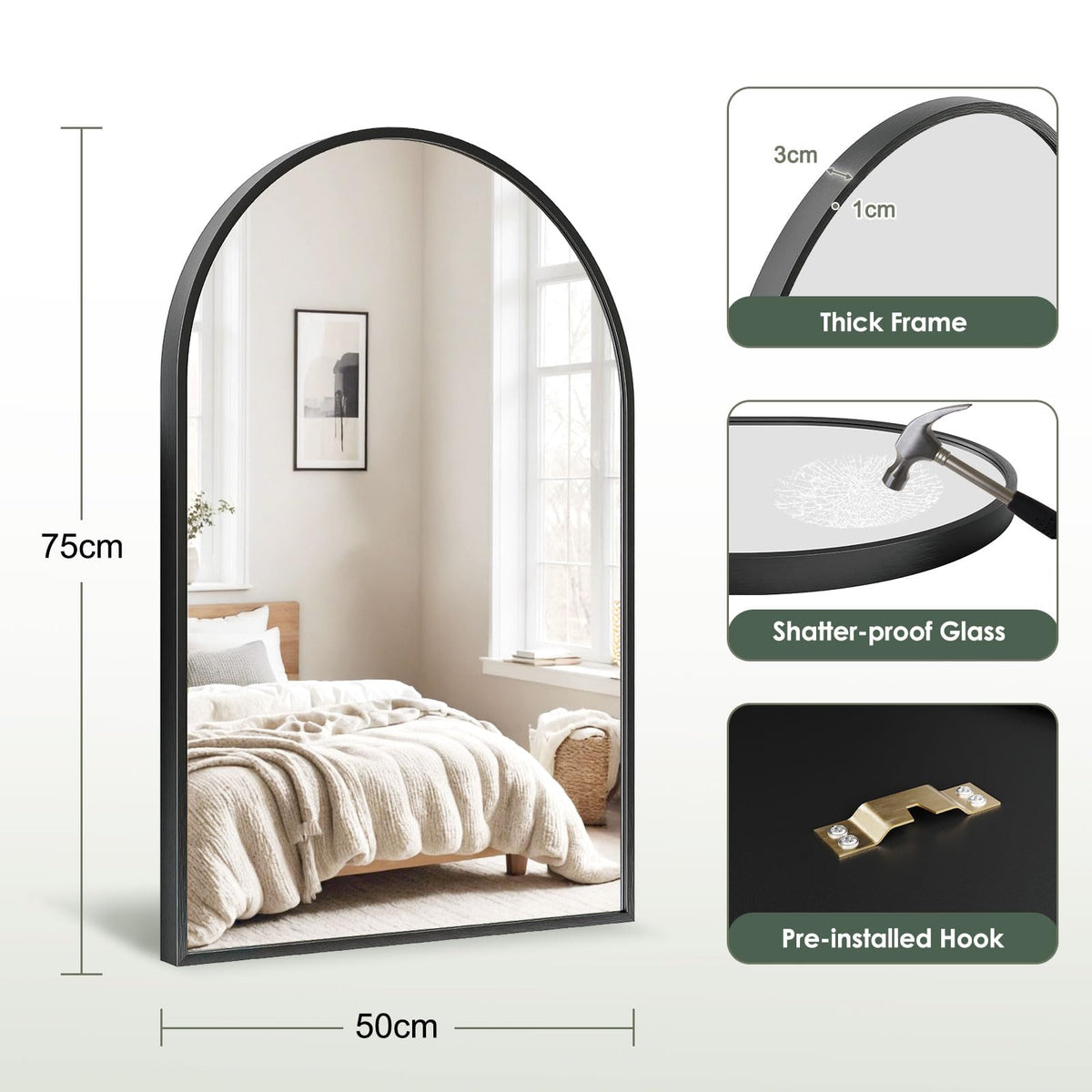 Dripex 50 x 75cm Arched Mirror, Arched Wall Mounted Mirror Home Decorative Bathroom Bedroom Living Room Dressing, Black