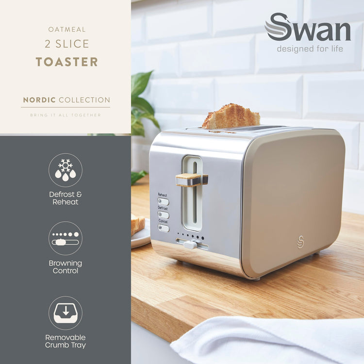 Swan ST14610OAT Nordic 2 Slice Toaster with 6 Browning Levels, Defrost/Reheat/Cancel, Removable Crumb Tray, Cord Storage, 900W, Oatmeal