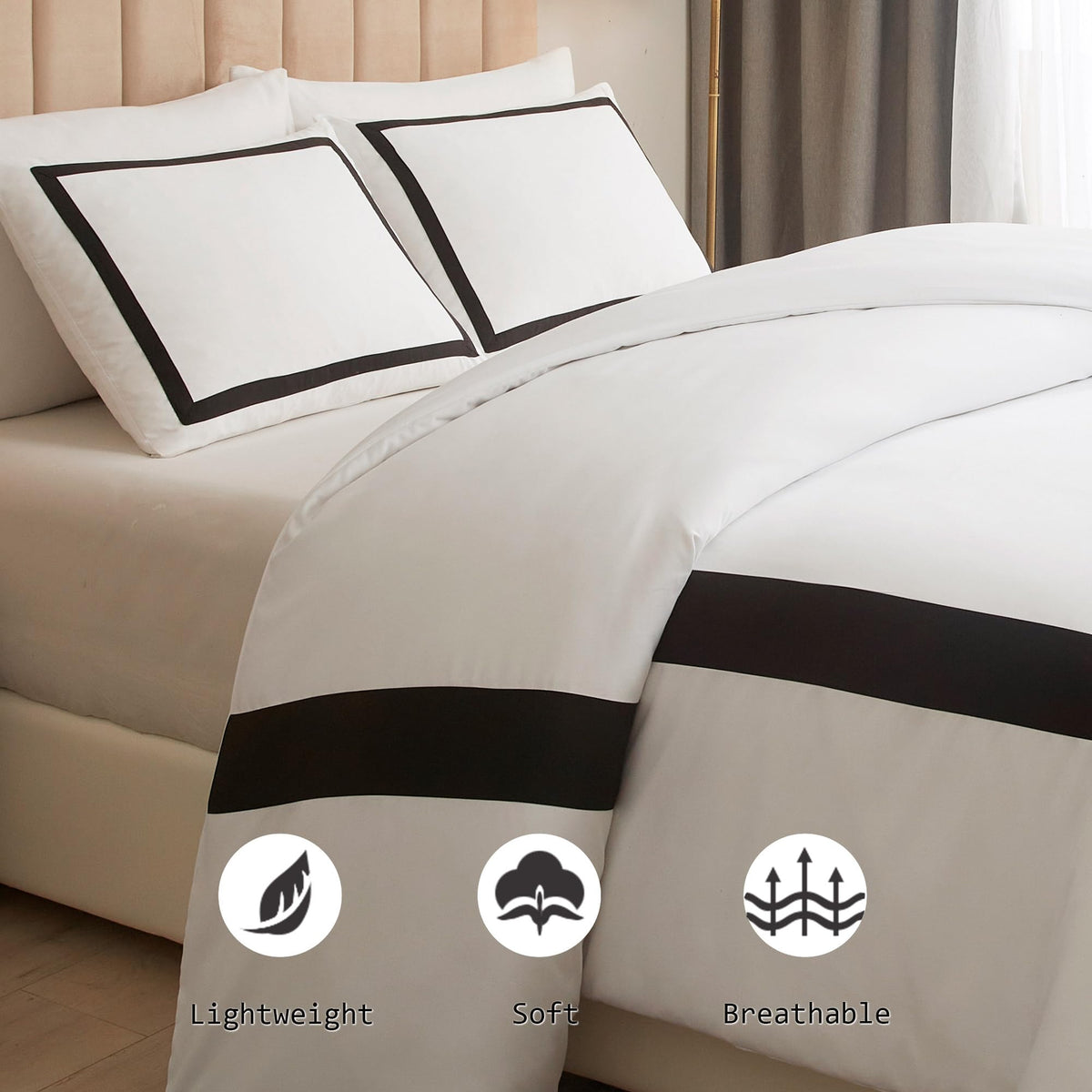 OSVINO Hotel Duvet Cover Set 3Pcs Microfiber Simple Line Style Bedding Set Ultra Soft Quilt Cover Set with Pillowcases, Black, Double