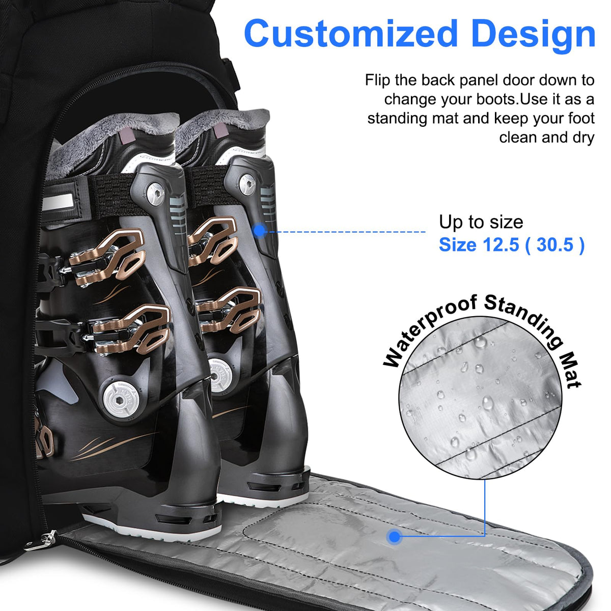 Ski Boot Bag, 50L Ski Boot Travel Backpack 1680D Nylon Waterproof Ski Bag for Ski Boots, Ski Helmet, Goggles, Gloves, Apparel & Skiing Gear
