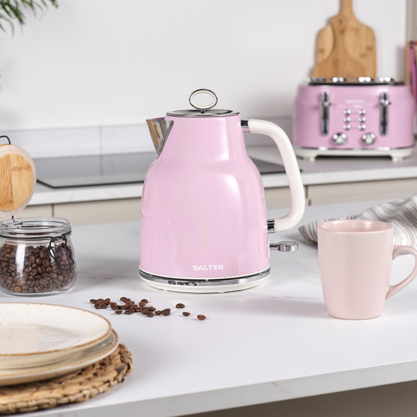 Salter Retro Pink Kettle & Toaster Set  1.7L Fast Boil Kettle with Removable Limescale Filter, 4-Slice Wide Slot Toaster for Thick Bread/Bagels, Blue