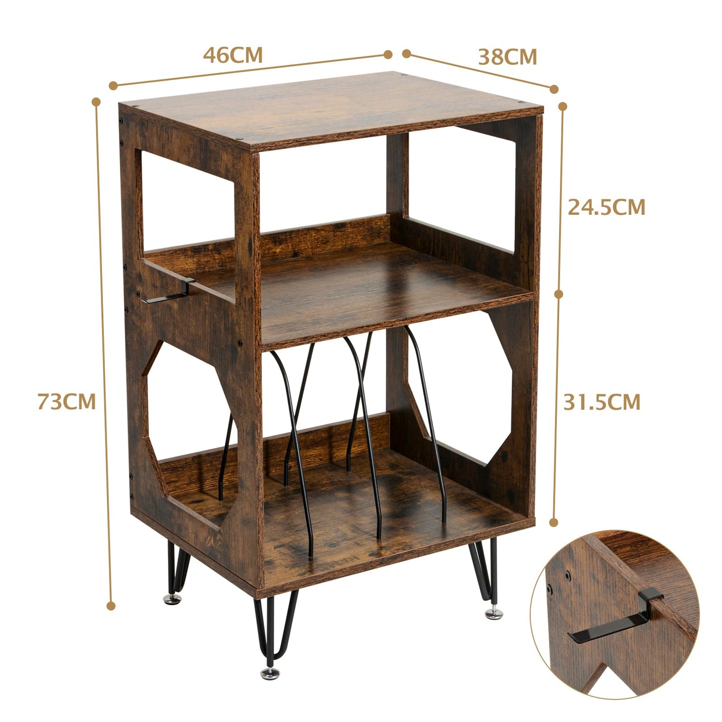 ikkle Rustic Record Player Stand, End Table with Record Storage, Vinyl Record Storage Cabinet Holder with Metal Legs, Turntable Stand Record Player