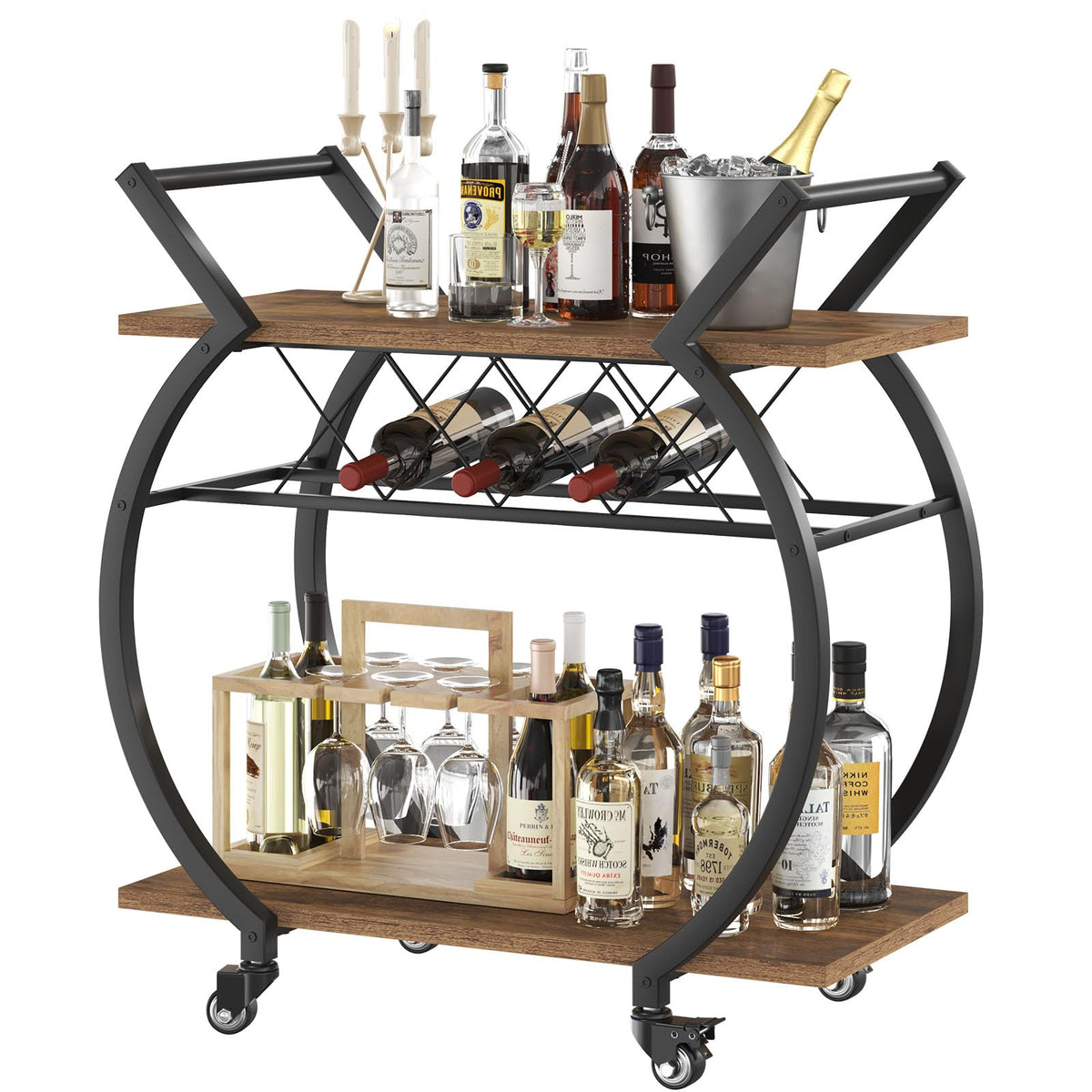LVB Drinks Trolley, Bar Cart for Kitchen, Beverage Serving Liquor Cart with Wheels, Wood and Metal Rolling Wine Cart with Storage Shelf
