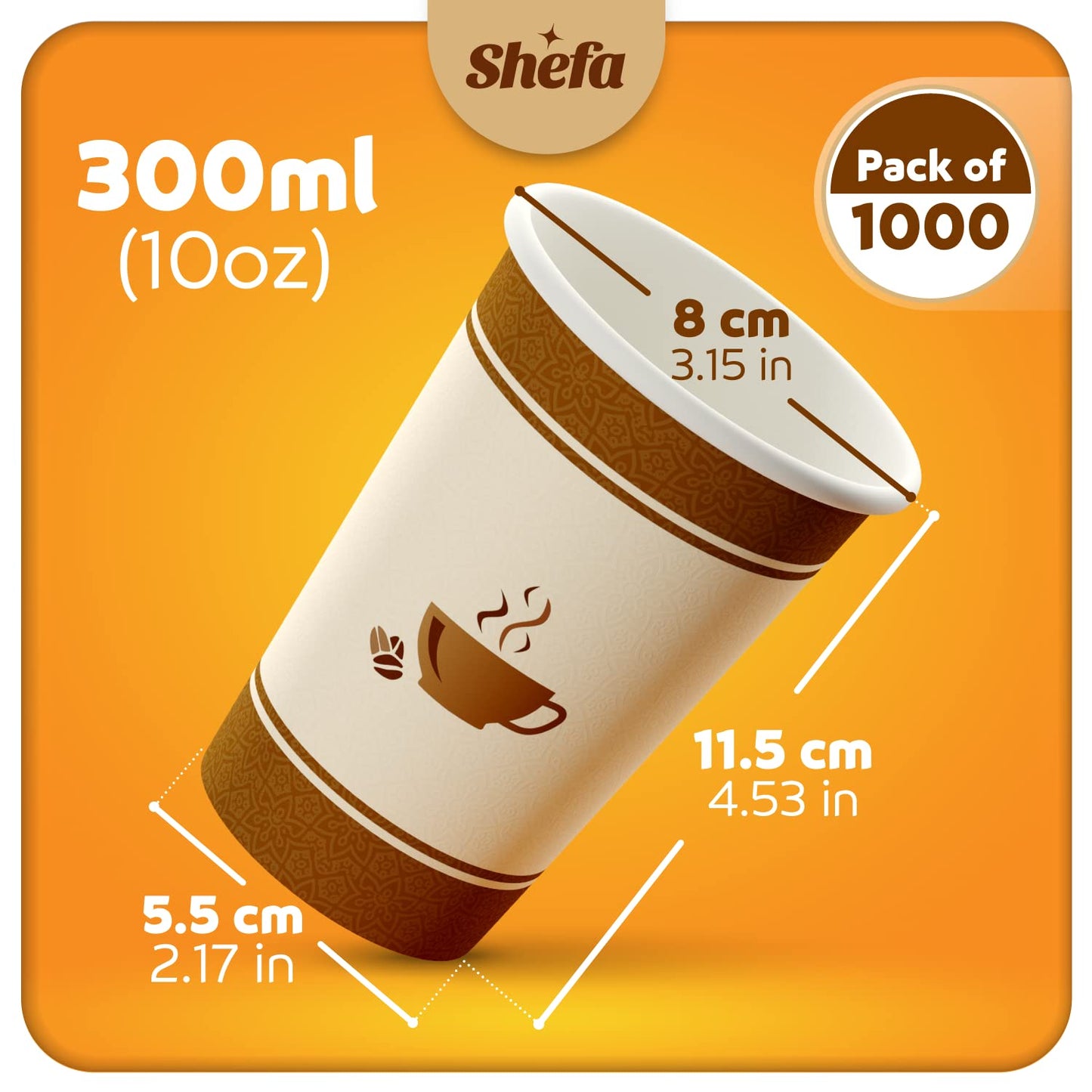 Shefa 10oz, 1000 Paper Cups - Heat-Resistant, BPA-Free Coffee Cups for Hot and Cold Drinks - Takeaway for Coffee Shops