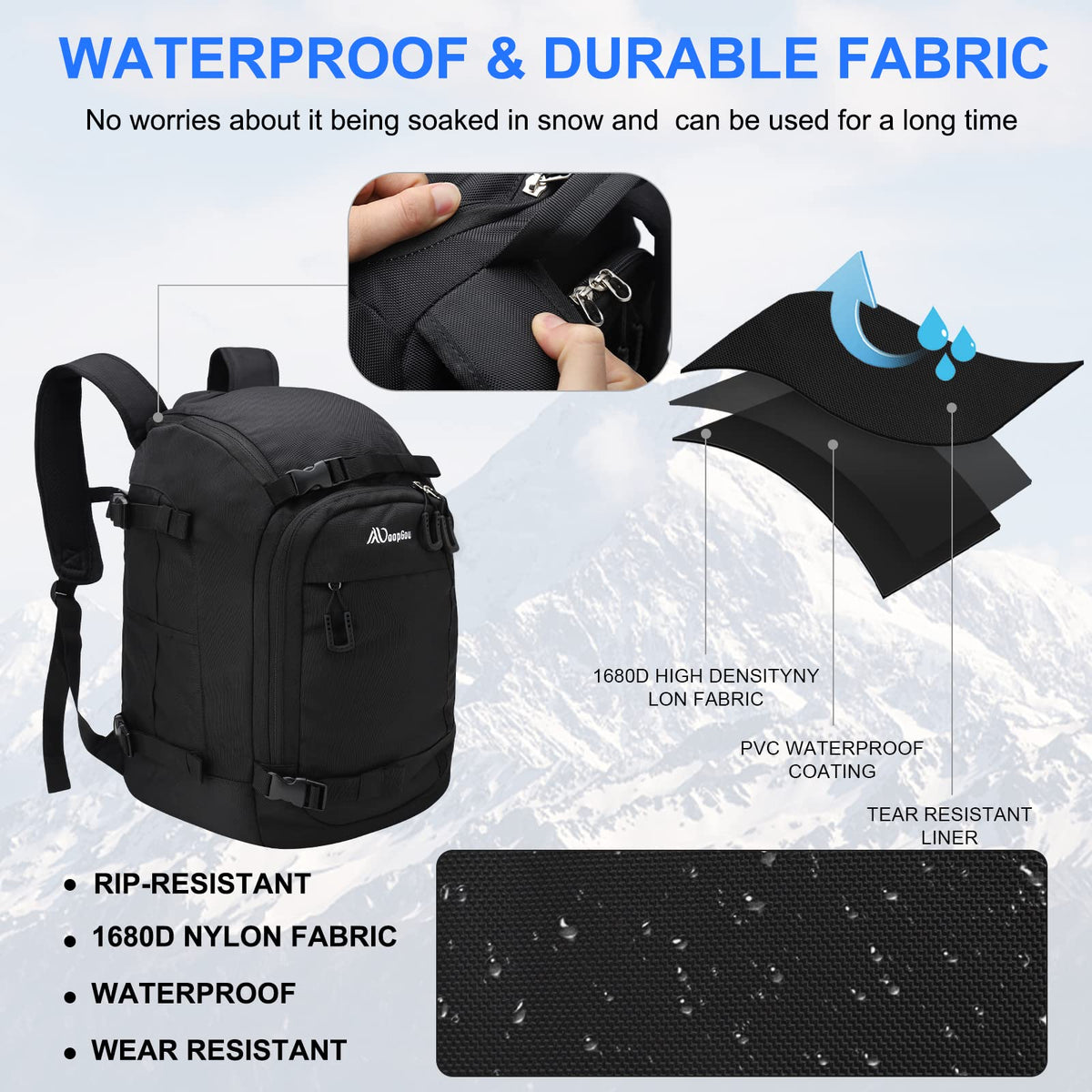 Ski Boot Bag, 50L Ski Boot Travel Backpack 1680D Nylon Waterproof Ski Bag for Ski Boots, Ski Helmet, Goggles, Gloves, Apparel & Skiing Gear