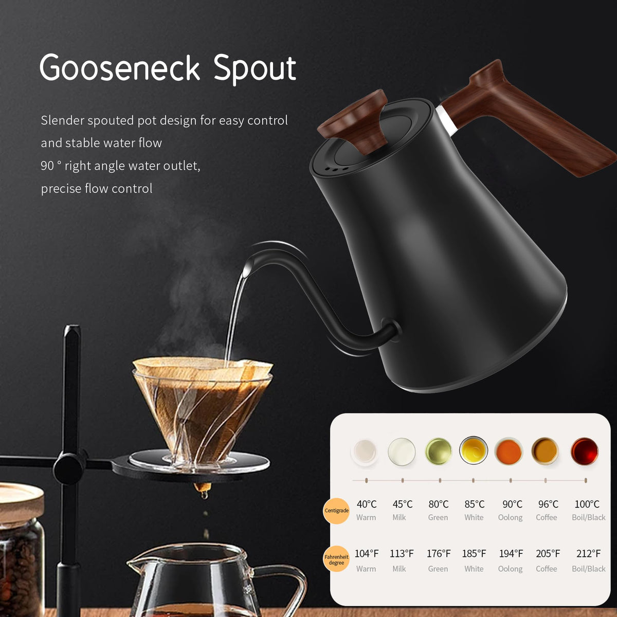 RHD Electric Gooseneck Kettle with LCD Display, Real-Time Temp Control Hot Water Boiler to Pour Over Coffee, Brew Tea, Switchable /, 1200 Watt Quick