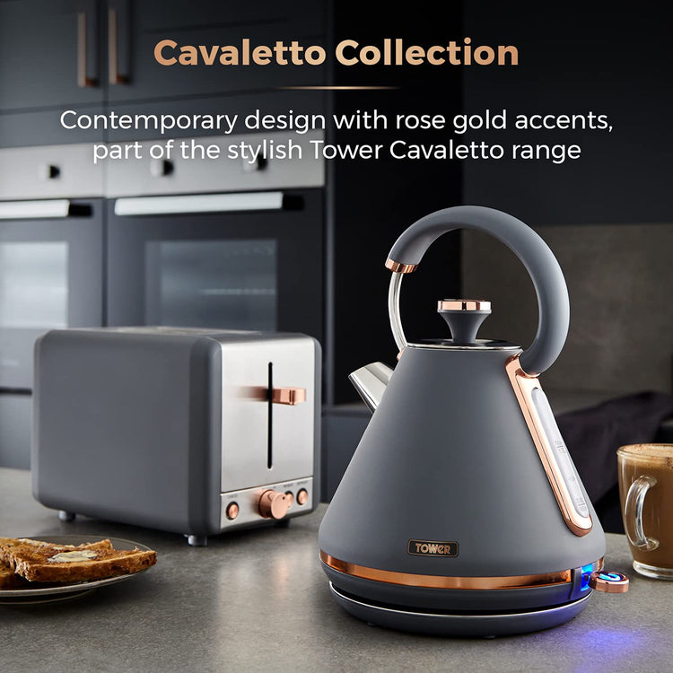 Tower T10044RGG Cavaletto Pyramid Kettle with Fast Boil, Detachable Filter, 1.7 Litre, 3000 W, Grey and Rose Gold