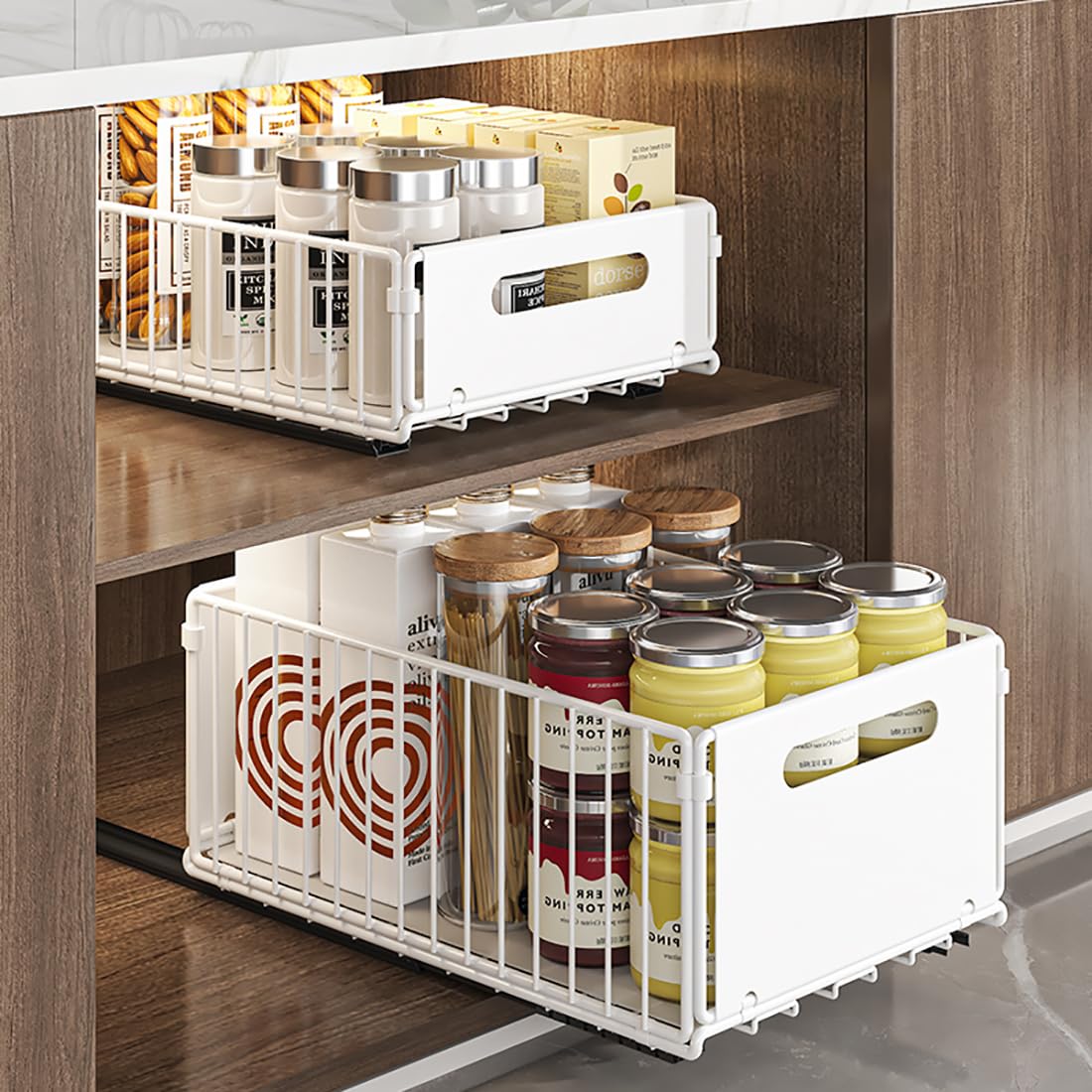 YunNasi Pull Out Cabinet Organizer Slide Out Drawer Storage Shelves Cupboard Organiser Sliding Cabinet Basket for Kitchen with Silent Slide No
