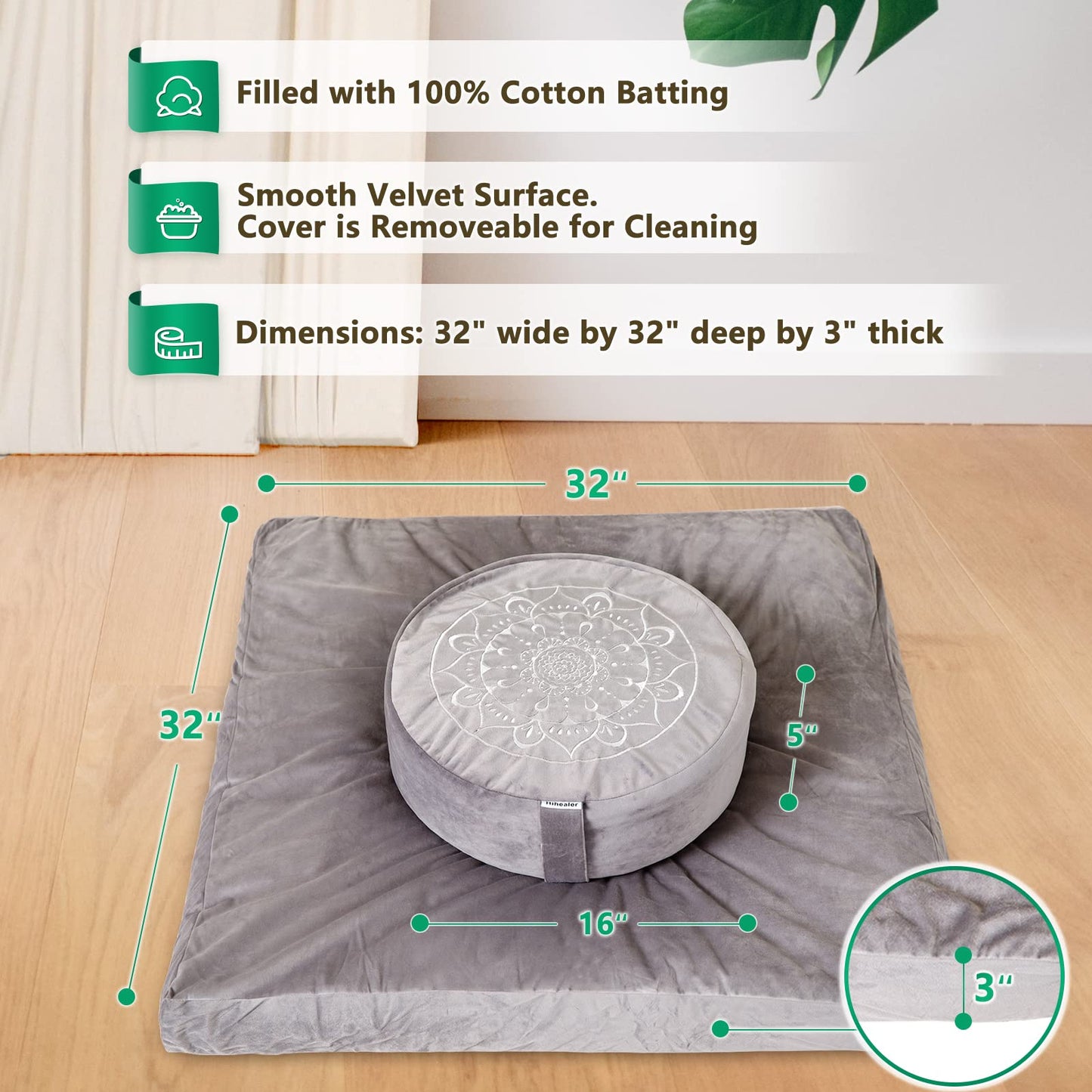 Hihealer Large Meditation Cushion and Zabuton Mat Set Meditation Pillow and Zafu Mat for Men and Women (Blue)