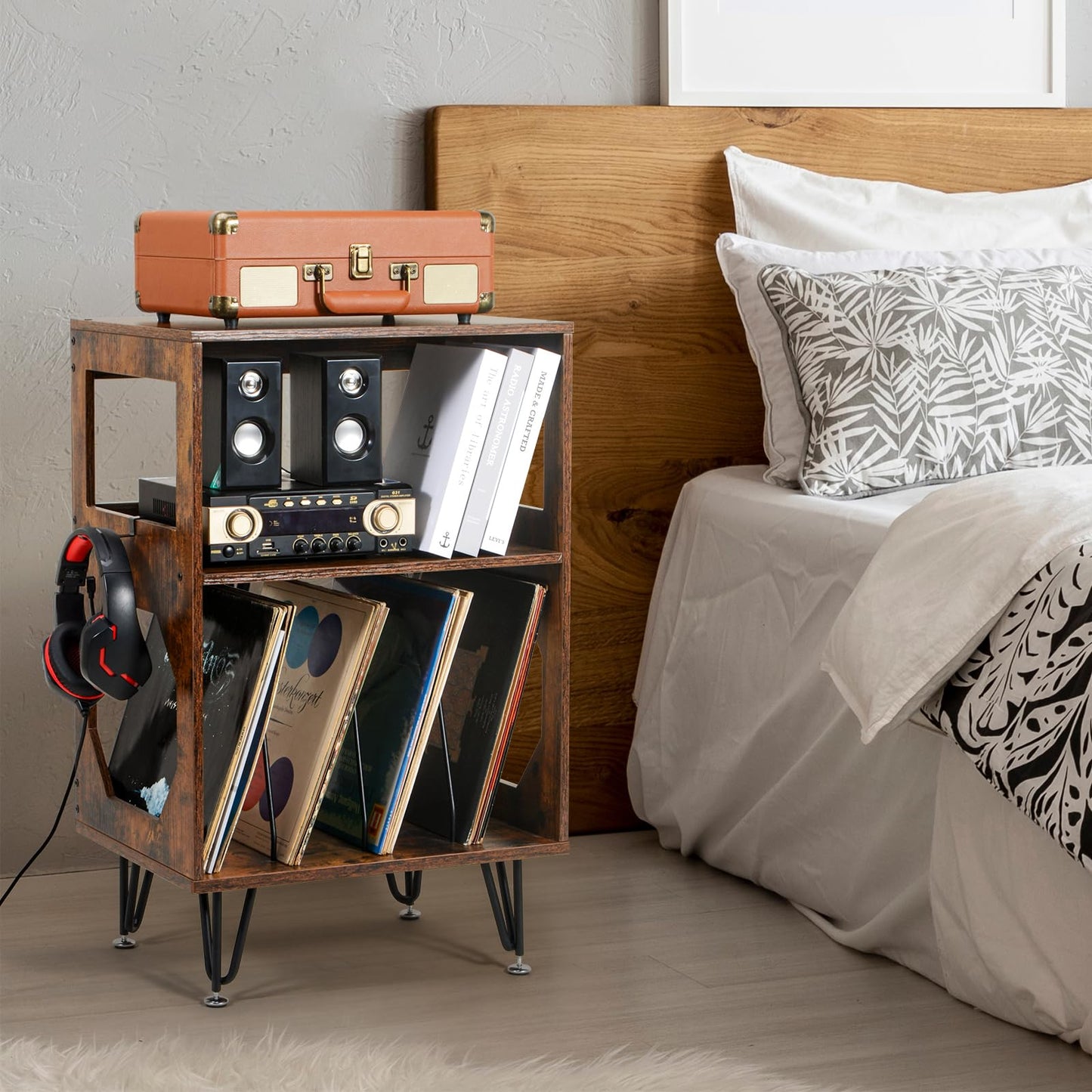 ikkle Rustic Record Player Stand, End Table with Record Storage, Vinyl Record Storage Cabinet Holder with Metal Legs, Turntable Stand Record Player