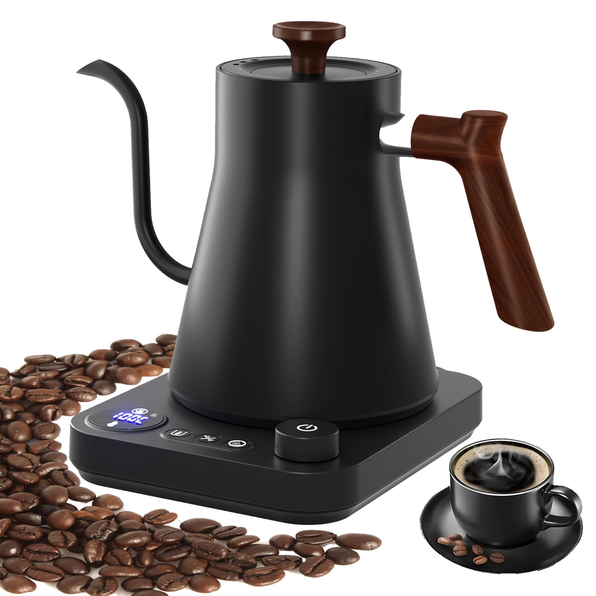 RHD Electric Gooseneck Kettle with LCD Display, Real-Time Temp Control Hot Water Boiler to Pour Over Coffee, Brew Tea, Switchable /, 1200 Watt Quick