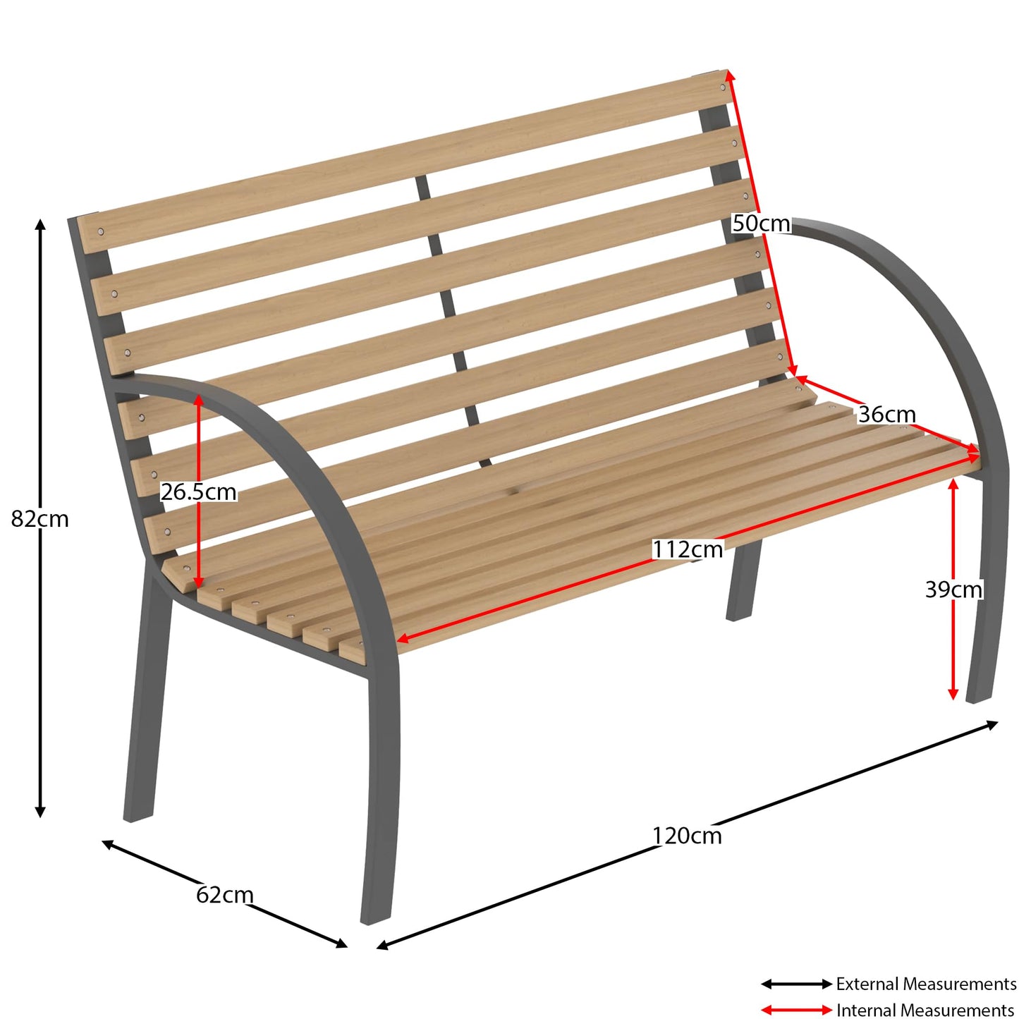 Garden Vida Slatted Garden Bench Wooden Seater Outdoor Furniture Seating Wood Slats Steel Legs Park Patio Seat