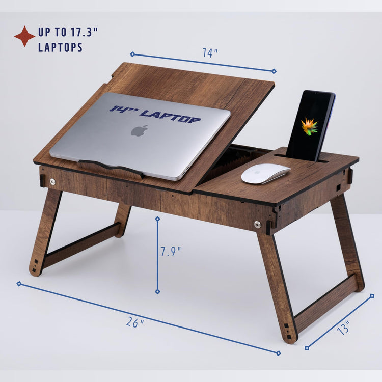 Vigo Wood Laptop Stand for Bed, Adjustable Laptop Lap Desk and Lap Tray with Built-in Storage, Foldable and Ergonomic Design for Reading, Writing, and