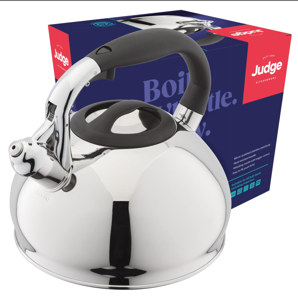 Judge 3L Stovetop Kettle - Stove Top Kettle for Gas Stoves & Electric Hobs - 18/10 Stainless Steel Whistling Kettle with Heat Resistant Handle -